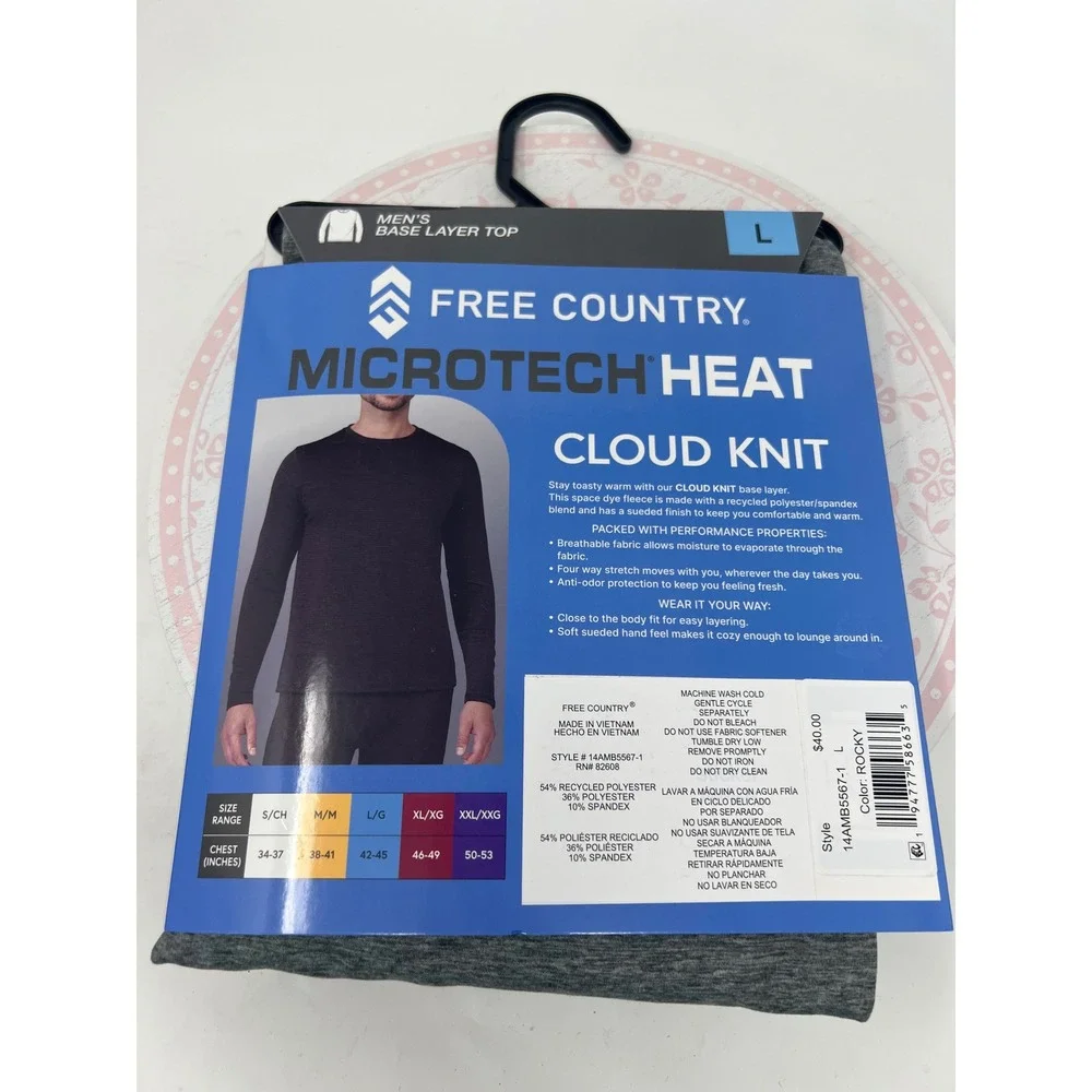 FREE COUNTRY Microtech Heat Base Layer Top Mens L Rocky Gray Cloud Knit‎ NEW